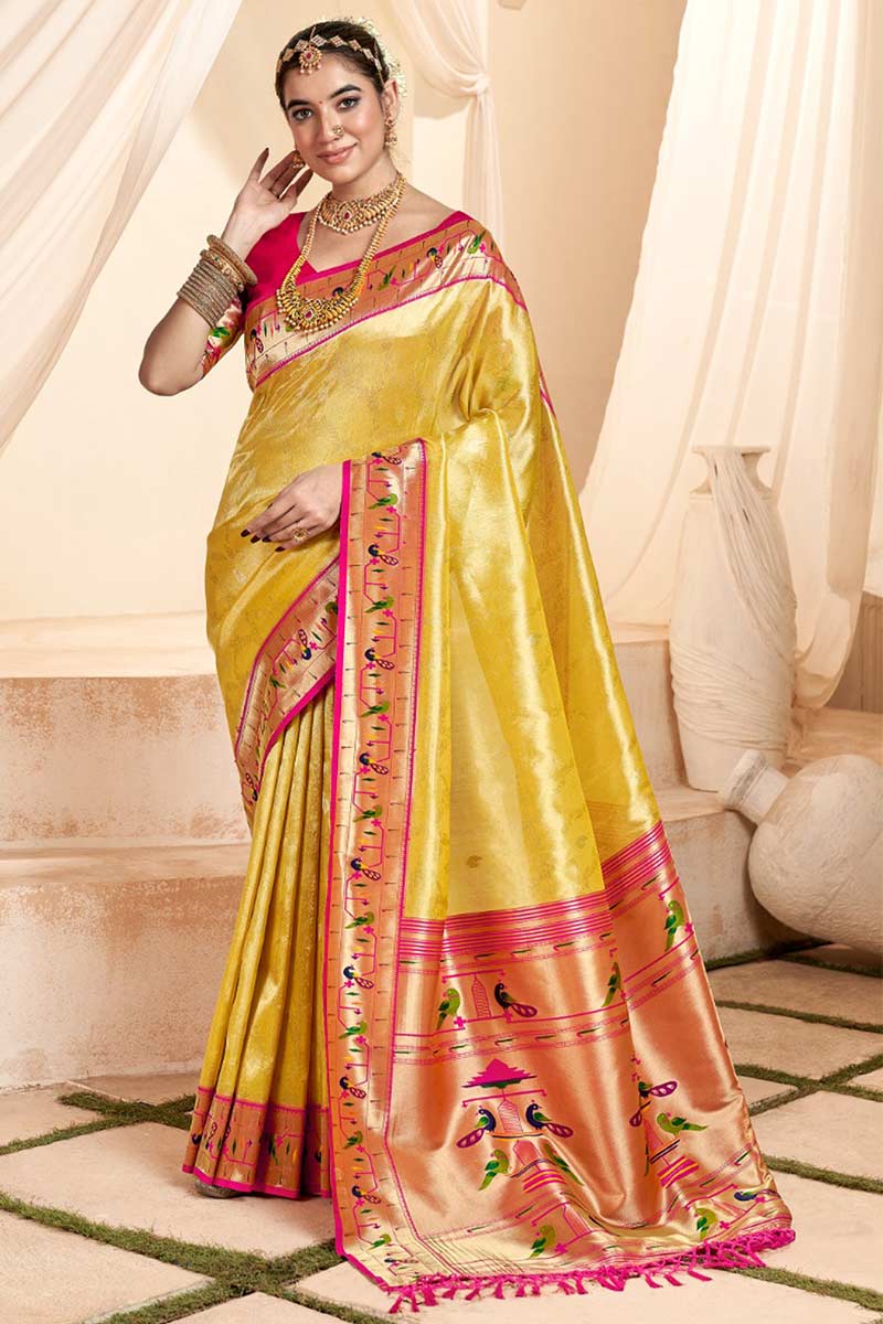 Traditional Foil Print Silk Saree in Yellow