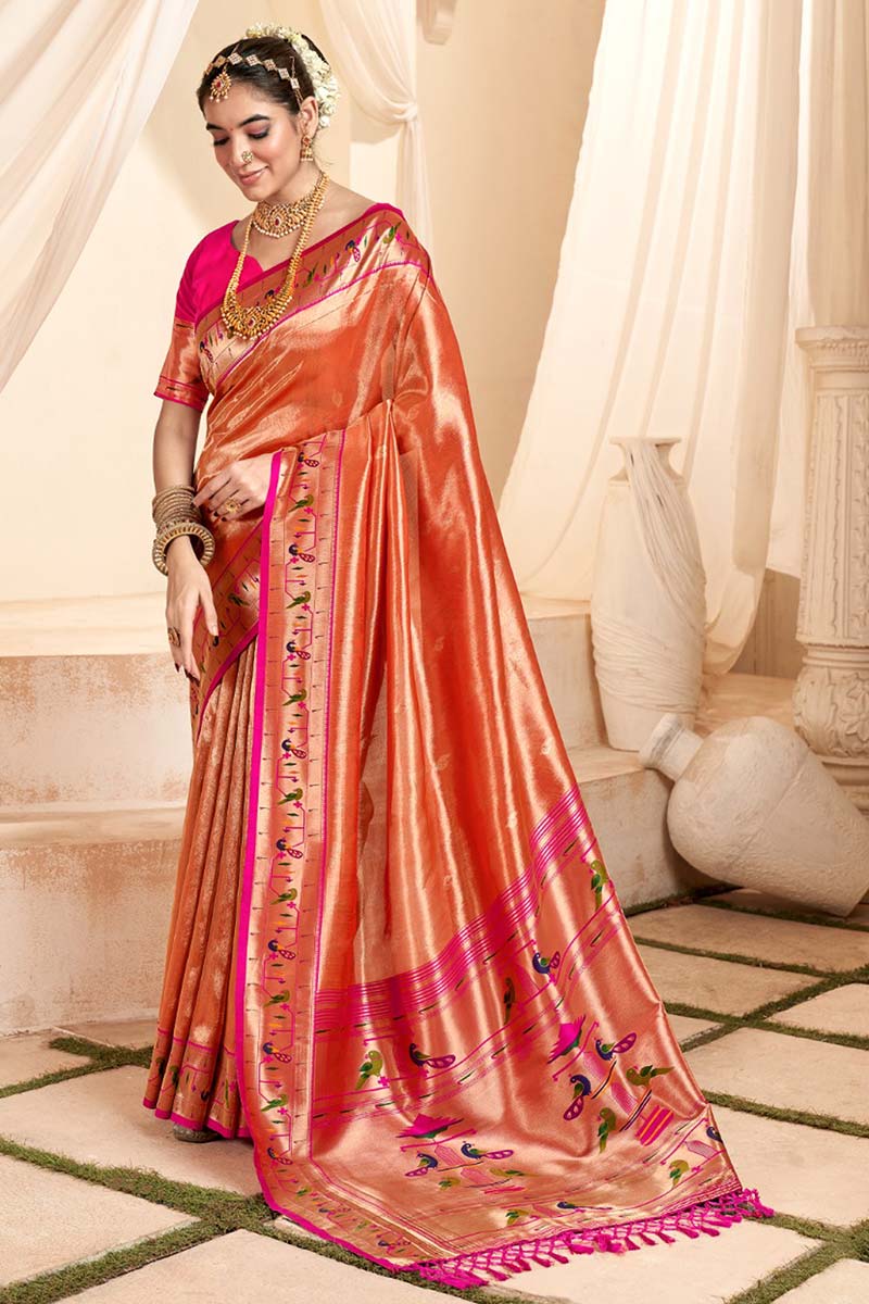 Traditional Foil Print Silk Saree in Orange
