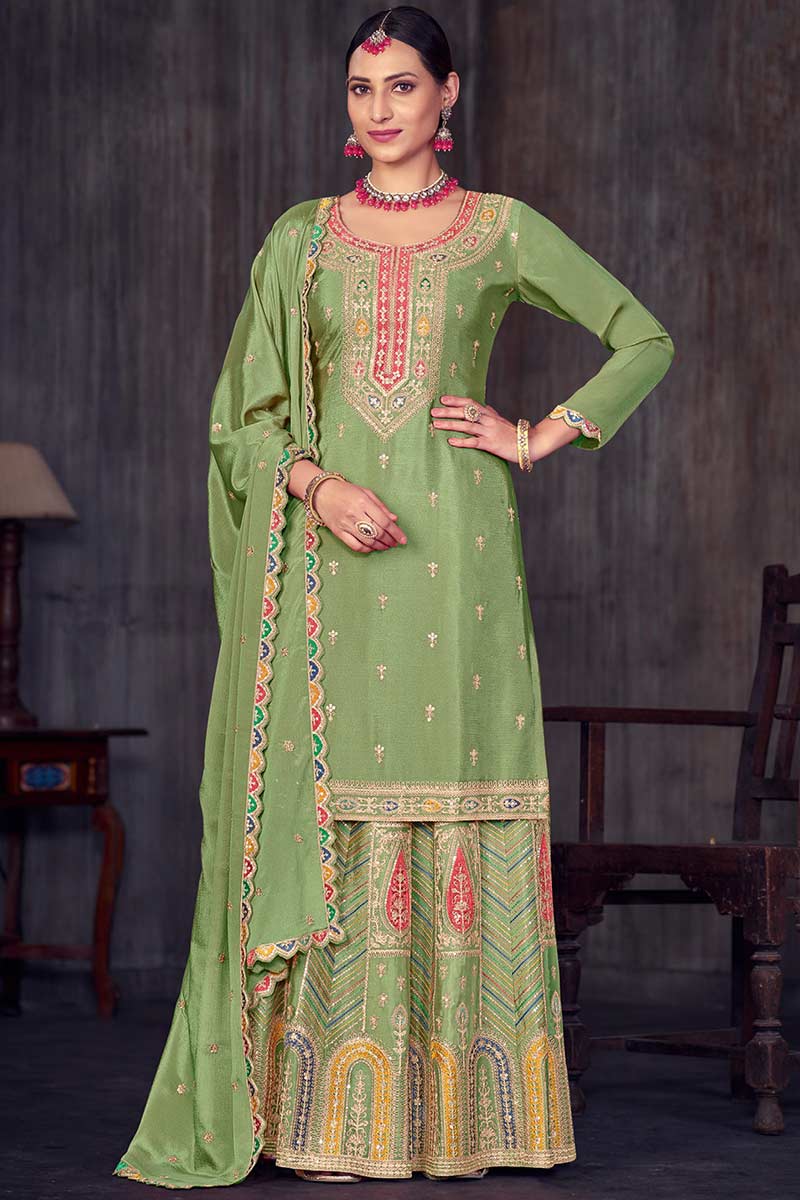 Designer Chinon Sharara Suit in Pista Green